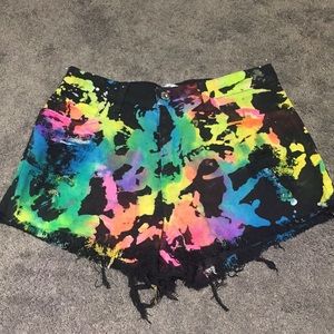 Rainbow splatter paint highwaisted jean shorts